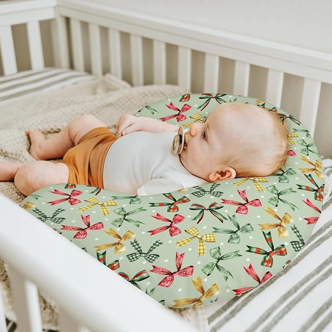 Christmas Bows Baby Nursing Pillow Covers for Boy Girl Winter Bows Plaids Nursing Pillow Slipcovers for Breastfeeding Pillows Girly Christmas Ribbons Soft Stretchy Removable Covers for Newborn Infant