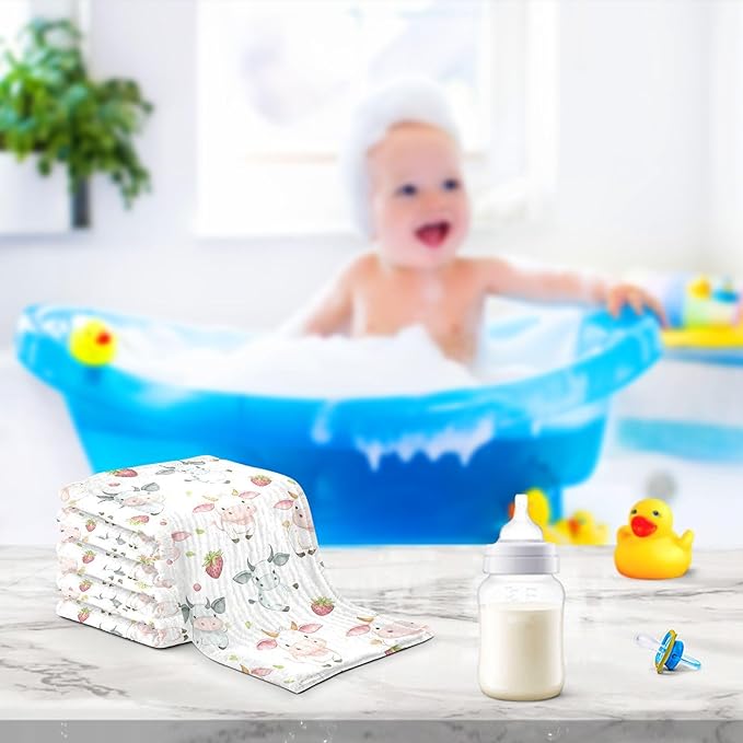vvfelixl Cow Pink Cartoon Strawberry Baby Burp Cloths Baby Muslin Washcloths for Boys Girls Cotton Babys Face Towel for Newborn Infants Soft and Absorbent 11.8 X 11.8 in, 5 Pack