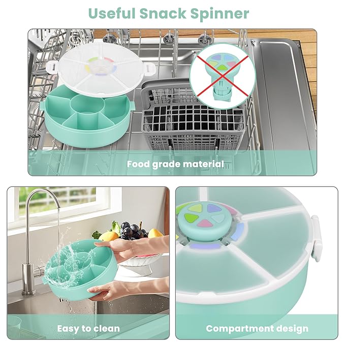 Pawtong Snack Rotator Container Reusable Snack Box with 5 Compartment Dispenser and Lid, Color Matching Opening Lid, BPA and PVC Free, for Home, School, Travel (2 Pack- Green)