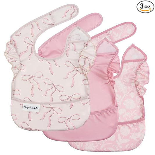 Tiny Twinkle Mess-Proof Baby Bibs for Eating | Waterproof, Wipeable Toddler Bibs with Catch-All Pocket | Feeding Bibs for Girls & Boys(3 Pack,Toile,Bows)