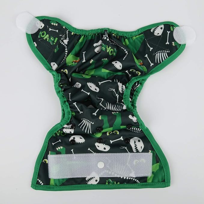 Baby Cloth Diaper Cover Nappy Hook and Loop Double Gusset for Boys (Green Dinosaurs) One Size