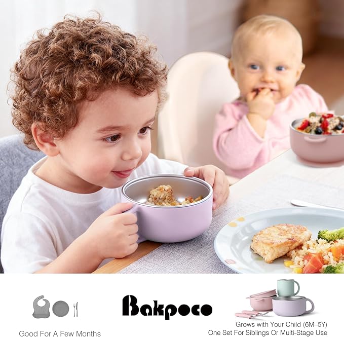 Bakpoco Kids Dinnerware Set - 6 Piese Toddler Plates and Suction Bowls Set with Kids Utensils&Cup, 2 IN 1 Stainless Steel & Silicone Baby Self Feeding Supplies, Lilac& Blush&Sage