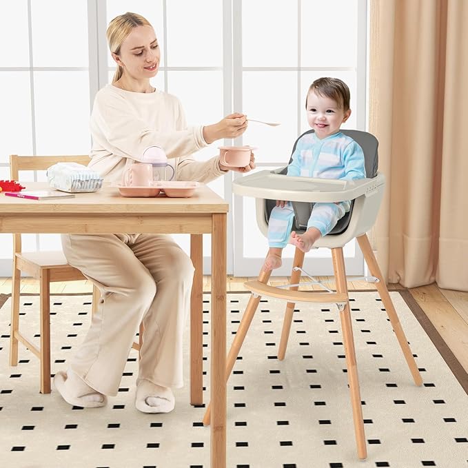 HONEY JOY Baby High Chair, 6-in-1 Eat & Grow Wooden Highchair/Toddler Chair with Removable Tray, 5-Point Harness, PU Cushion and Footrest, Convertible High Chair for Babies and Toddlers(Dark Gray)
