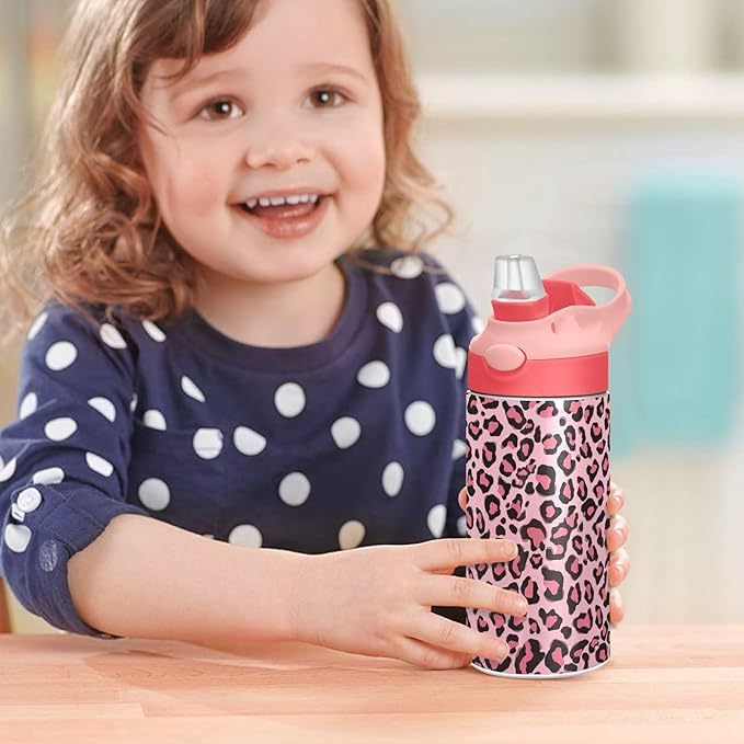 Purple Cheetah Kids Water Bottle with Straw and Carry Handle Leopard Vacuum Insulated Stainless Steel Bottles Leak-Proof for Boys Girls Toddler 12 oz Pink Lid