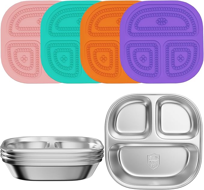 Set of 4 Snack Containers,Stainless Steel Kids Plates,Stainless Steel Toddler Plate with Silicone Lids- Reusable Meal Prep Lunch Containers for Kids Non Toxic & 100% BPA Free