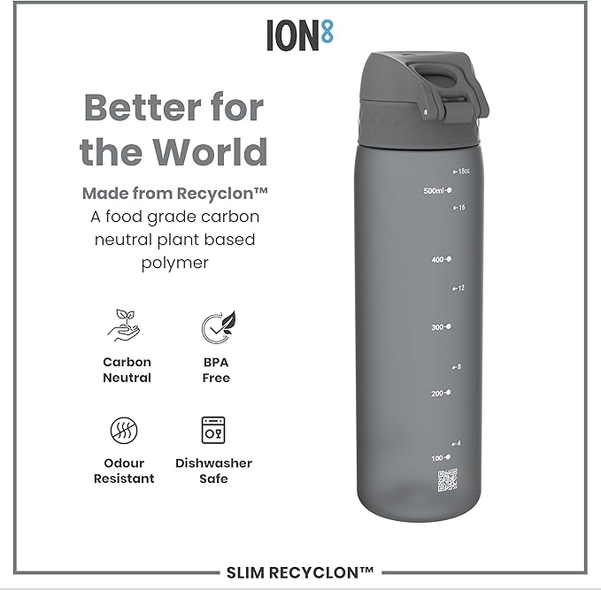 Ion8 Water Bottle, 500 ml/18 oz, Leak Proof, Easy to Open, Secure Lock, Dishwasher Safe, BPA Free, Hygienic Flip Cover, Carry Handle, Fits Cup Holders, Easy Clean, Odor Free, Carbon Neutral, Grey
