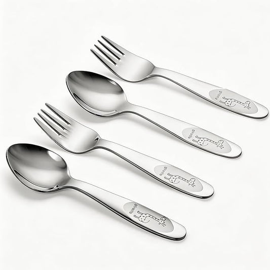 4-Piece Kids Utensils Set - Stainless Steel Training Forks & Spoons with Rounded Edges | Self-Feeding Kid Tableware Set for 2+ Years and Preschoolers | Dishwasher Safe