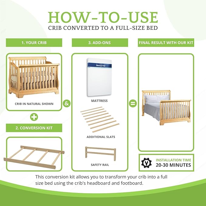 Full-Size Conversion Kit Bed Rails for Baby Appleseed and Eco-Chic Convertible Cribs - Solid Wood Rail - Toddler & Adult Bed Rail for Full-Size Beds - Nursery Baby Furniture (Unfinished, Hook-On Kit)
