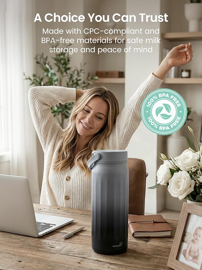 Grownsy 22oz Portable Breast Milk Cooler, 360° Stainless Steel Chiller Keeps Breastmilk Fresh for 24H, No Ice Crystals,Milk Cooler with 2 Baby Bottles for Work & Travel, Baby Breastfeeding Essential