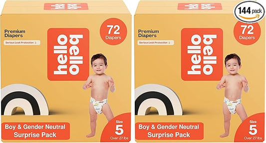 Hello Bello Premium Diapers, Size 5 (27+ lbs) Surprise Pack for Boys - 72 Count, Hypoallergenic with Soft, Cloth-Like Feel - Assorted Boy & Gender Neutral Patterns (Pack of 2)