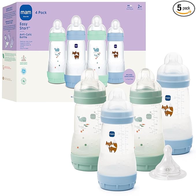 MAM 9oz Easy Start Anti-Colic Wide Neck Baby Bottle, Medium Flow Breastfeeding-Like Nipple, Reduces Colic Gas & Reflux, Easy to Clean, BPA Free, 2+ Months, Bonus Fast Flow Nipple, 4 Pack