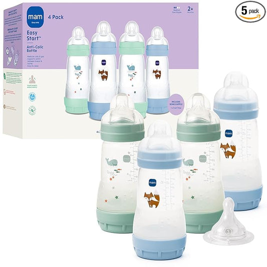 MAM 9oz Easy Start Anti-Colic Wide Neck Baby Bottle, Medium Flow Breastfeeding-Like Nipple, Reduces Colic Gas & Reflux, Easy to Clean, BPA Free, 2+ Months, Bonus Fast Flow Nipple, 4 Pack