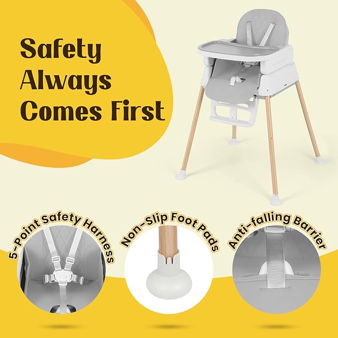 5-in-1 Baby High Chair, Convertible Booster & Play Chair, Portable Foldable Lightweight, Easy to Clean with Tray, for Babies Toddlers 6-36 Months, Gray