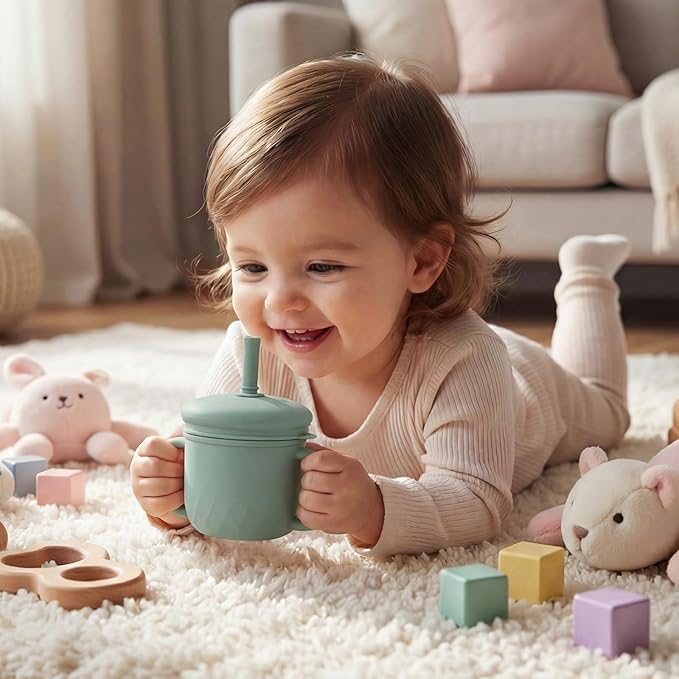 8 oz 3 in 1 Silicone Baby Sippy Cups & Snack Cups with Lid Straw for Toddlers 1-3 Spill Proof Stainless Steel Snack Containers Food Catcher for Baby Toddler Drinking Training(Dark Green)