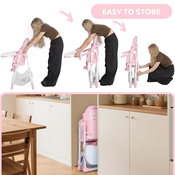 TODEFULL 3 in 1 Foldable Baby High Chair, Infant High Chairs for Babies and Toddlers, 6 Height & 4 Recline Adjustable Toddler Feeding Chair, 2 Built-in Wheels, Large Storage Space, Pink