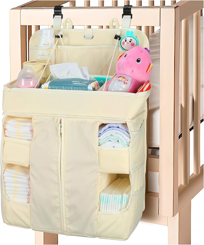 Hautton Hanging Diaper Caddy Organizer, Hanging Diaper Organizer for Changing Table and Crib, Diaper Changing Station Organizer Storage for Nursery Baby Stuff, Shower Gift for Newborn New Mom -Beige