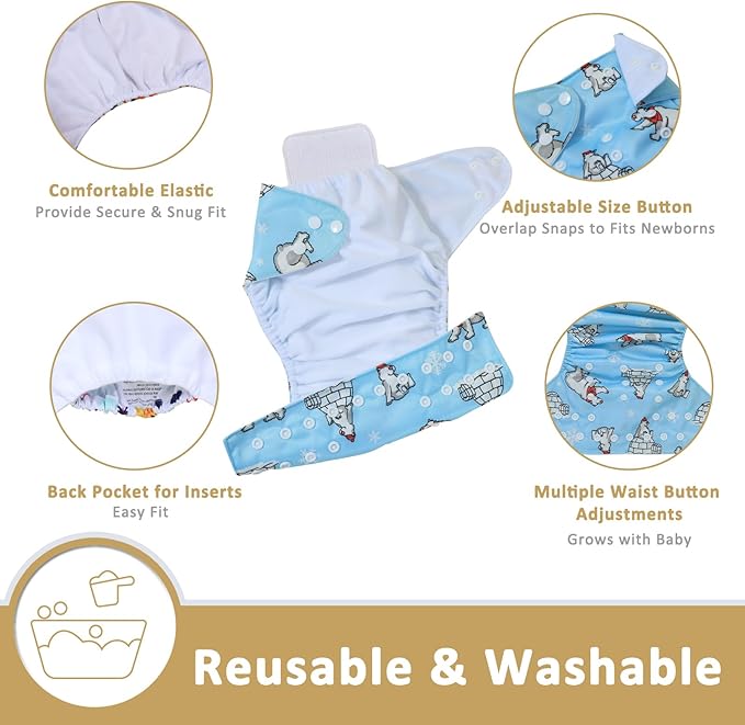 TDIAPERS Cloth Diapers Reusable Washable Pocket Diapers Cover One Size Adjustable for Baby Snaps Cloth Diapers Nappy 6 Pack with 6 Pcs Microfiber Inserts,1 Wet Bag