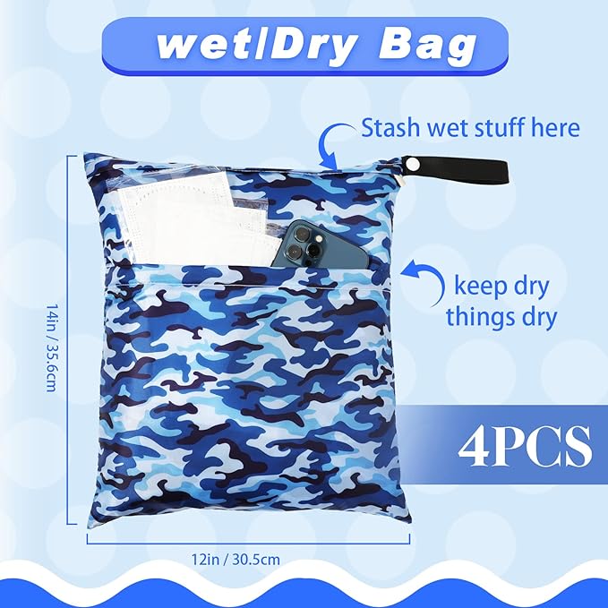 Frienda 4 Pieces Cloth Diaper Wet Dry Bag, Waterproof Reusable Washable Bag for Baby Items and Travel Zippered Pockets with Handle, Beach, Swimsuit, Dirty Gym Clothes and Toiletries(Camouflage)