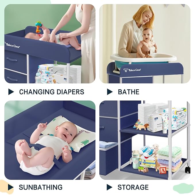 Baby Changing Table, Portable Changing Table, Diaper Changing Station with Waterproof Pad, Changing Table Dresser with 3 Storage Baskets, Mobile Nursery Organizer for Newborn Essentials