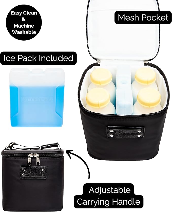 Sarah Wells Cold Gold Breastmilk Cooler Bag with Safety Tested Ice Pack – Insulated Milk Storage for Work, Travel & Daycare – Fits Bottles & Pump Parts – Durable, Washable (Black)