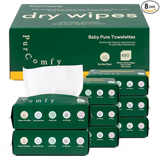 PurComfy Baby Dry Wipes for Newborn, 8 Pack Plant-Based & Hypoallergenic Disposable Cloths for Baby Diaper Changes, Meal Time & Runny Noses, Use Wet or Dry, Total 480 Count