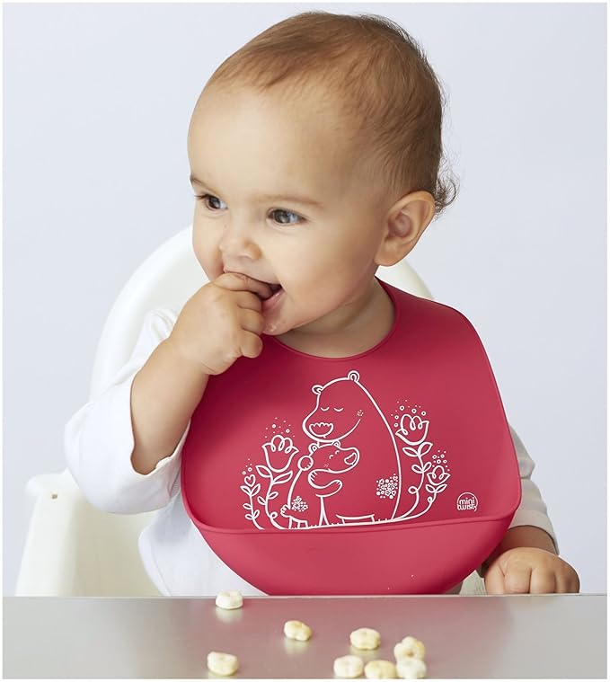 Modern-twist Bucket Bib 100% plastic free silicone, waterproof, adjustable, dishwasher safe, Pink Bears