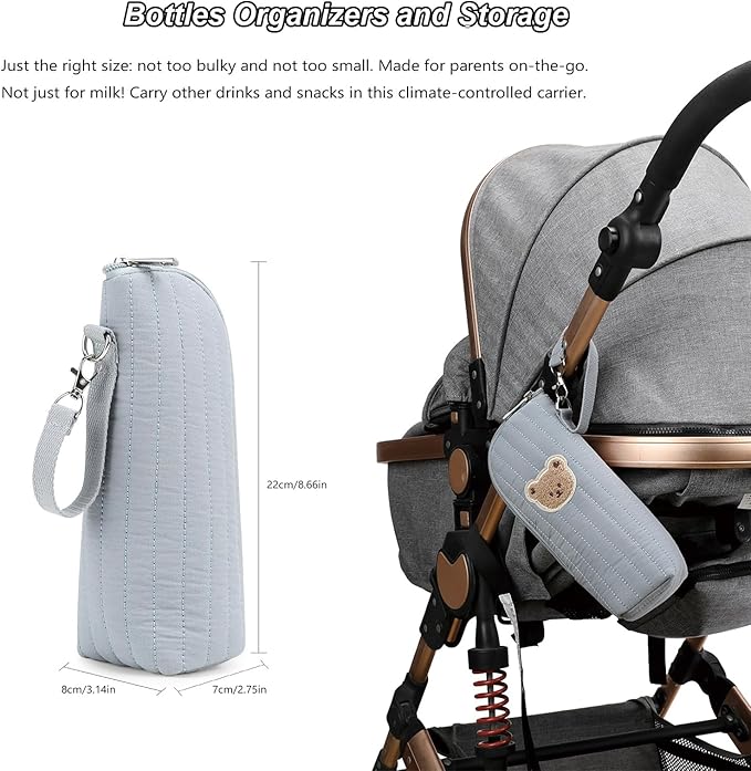 Insulated Baby Bottle Bag, Cotton Thermal Storage Organizer with Bear Design, 8.66x2.76x3.15 Inches, Light Blue, for Breast Milk Transport and Snacks (blue)