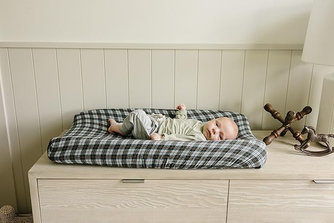 Mebie Baby Changing Pad Cover, Navy Plaid, 100% Muslin Cotton Changing Table Pad Cover for Baby Boy and Girl, Designer Nursery Decor Covers, Diaper Changing Pad Cover for Changing Station