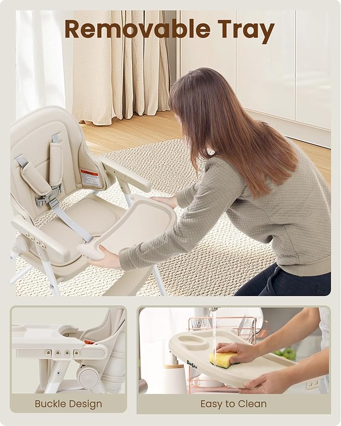 Foldable High Chair for Infants & Toddlers, Adjustable 3-Position Dishwasher-Safe Tray, 5-Point Safety Harness, Space-Saving Design for Dining & Mealtime, Beige