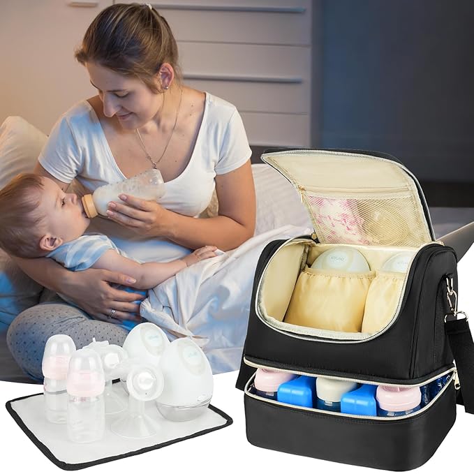 Wearable Breast Pump Bag with Cooler Compartment Fits for Willow/Eufy/Elvie/Momcozy M5/S12 Pro/Medela, Breast Milk Travel Tote Bag with Ice Pack & Waterproof Mat,Black