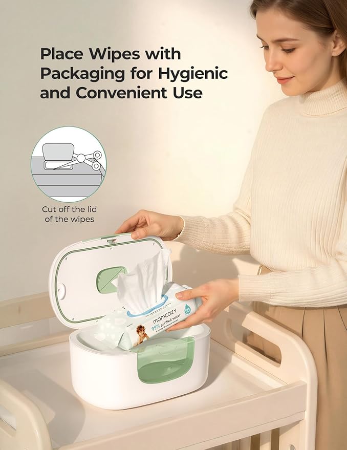 Momcozy New Baby Wipe Warmer, Large Capacity Wipe Dispenser Compatible with 60-80pcs,10-Min Fast Heating,4 Temperature Modes,Innovative Spring Design,Silicone&Top Seals,Even Heating,3-Level Nightlight