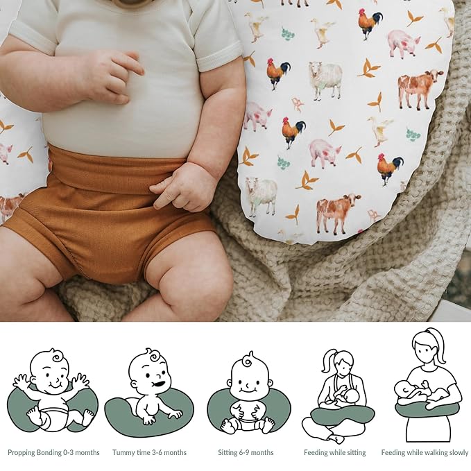 Watercolor Farm Animals Baby Nursing Pillow Covers for Boy Girl Pig Rooster Lamb Cow Duck Sunflowers Leaves Nursing Slipcovers for Breastfeeding Pillows Farm Life Soft Stretchy Removable Covers