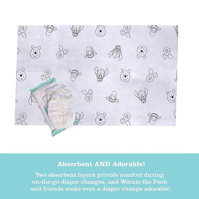 Disney Baby by J.L. Childress Disposable Changing Pads for Baby - Diaper Changing Table Covers, Travel Essentials for Babies, Absorbent Liner Pads, Leak-Resistant, 26"x18" - Winnie The Pooh, 24 Count