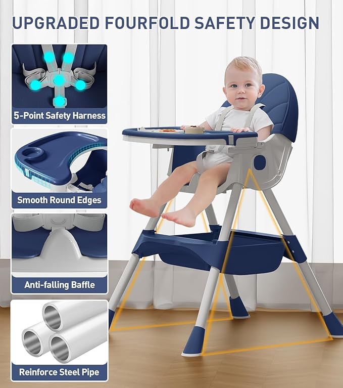 Baby High Chair, 5 in 1 High Chairs for Babies and Toddlers, Travel Foldable High Chair with Detachable PU Cushion, Double Removable Tray, Adjustable Height & Recline, Locking Wheels (Navy Blue)
