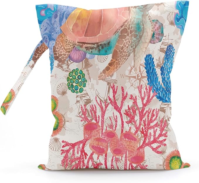 Wet Bag Waterproof Reusable Wet Dry Bag for Beach, Travel, Pool, Gym Bag for Swimsuits, Wet Clothes, Cloth Diapers, Wet Bags for Baby, Sea Turtle Gifts for Women Ocean Animals Coral Reef Decor