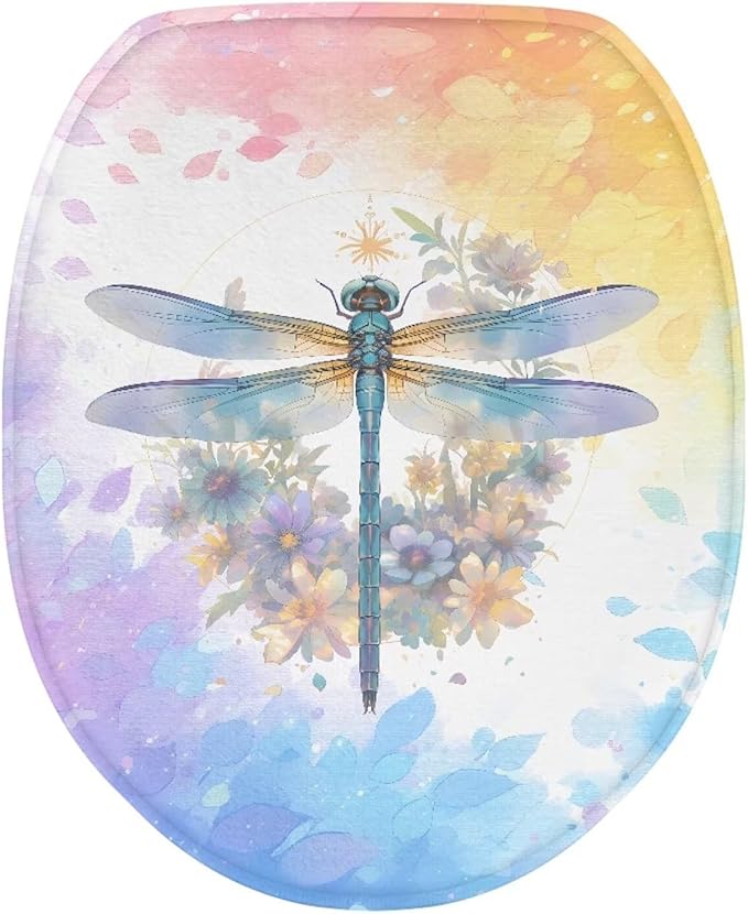 Dragonfly with Flower Toilet Cover Seat Flannel Fabric Bathroom Toilet Dust Covers Elastic Edges Stretch Washable Toilet Lid Covers for Bathroom Covers Stains, Stays Clean, Easy To Clean