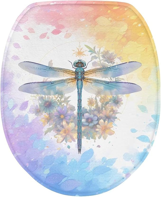 Dragonfly with Flower Toilet Cover Seat Flannel Fabric Bathroom Toilet Dust Covers Elastic Edges Stretch Washable Toilet Lid Covers for Bathroom Covers Stains, Stays Clean, Easy To Clean