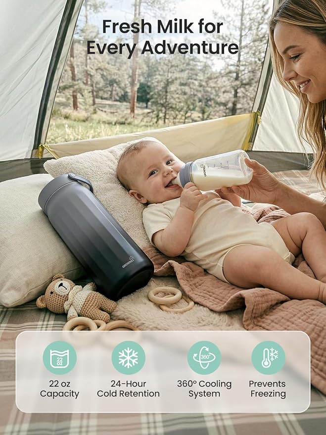 Grownsy 22oz Portable Breast Milk Cooler, 360° Stainless Steel Chiller Keeps Breastmilk Fresh for 24H, No Ice Crystals,Milk Cooler with 2 Baby Bottles for Work & Travel, Baby Breastfeeding Essential
