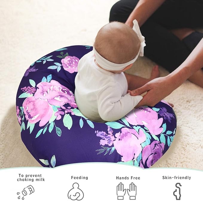 Purple Floral Nursing Pillow Cover, Breastfeeding Pillow Slipcover for Baby Boys & Girls, Nursing Pillow Case for Newborn, Soft Fabric Fits Snug On Infant, Washable & Breathable, Watercolor Flower