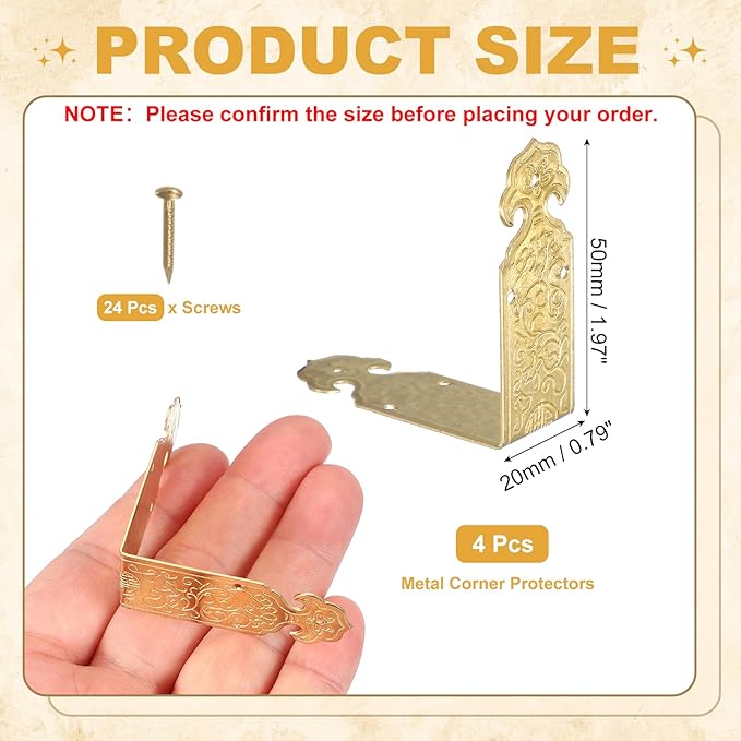 uxcell 4Pcs L Shaped Vintage Embossing Brass Decorative Corner 2 x 0.8 Inch Corner Protector with Mounting Nails Box Edge Guard Retro for Cabinets Furniture Decorative (Brass)