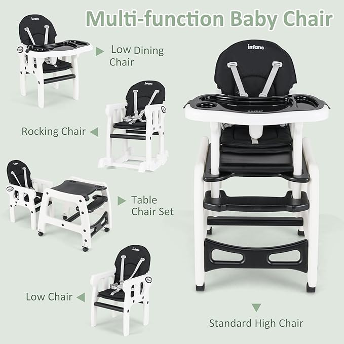 INFANS 5 in 1 Baby High Chair, Convertible Toddler Table Chair Set, Rocking Chair, Multi-Function Seat with Lockable Universal Wheels, Adjustable Seat Back, Removable Trays