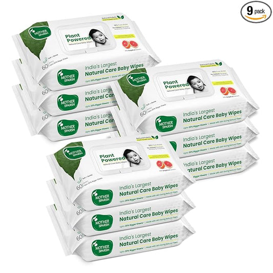 Mother Sparsh Natural Care Baby Wipes 60 Pcs (Pack of 9) I 100% Plant Made Fabric From Forest Land | Gentle + Cleanse (with Grapefruit) Wet Wipes For Baby I Cotton Cloth Like Bigger Sheets