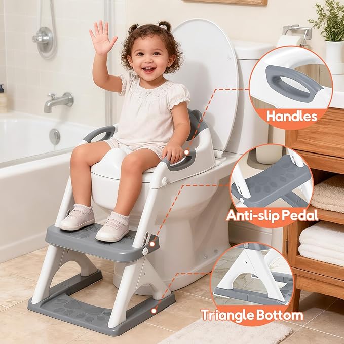 Potty Training Seat with Step Stool Ladder, Toddler Toilet Seat for Boys Girls, Adjustable 6 Heights Fits Round & Elongated Toilets, Anti-Slip Pads & Leak-Proof Guard