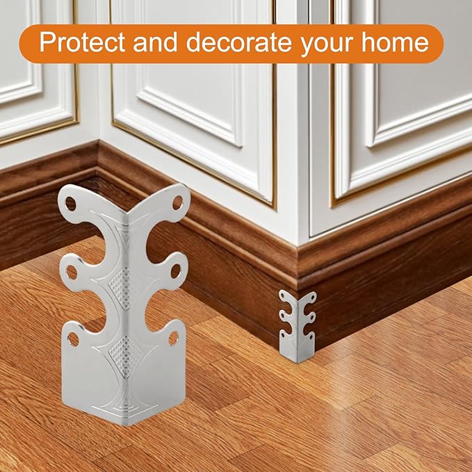 6Pcs Skiffers Baseboard Corner Protectors, Rustic Vintage Metal Corner Guard, Decorative Baseboard Shield, Brass Skirting Board Protection, Antique Bronze Furniture Edge Protector (Silver)