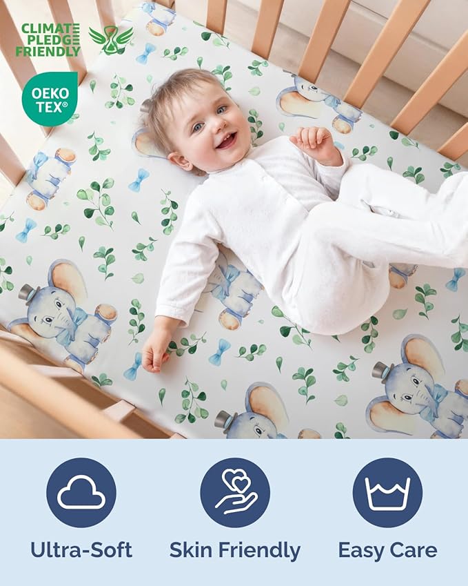 2-Pack Mini Crib Sheets Fitted - Pack N Play Sheets for Pack and Play Mattress - Stretchy Soft Microfiber Playard Bedding - Mini Toddler Bed Cover for Boys and Girls - Oeko-Tex - 38 x 24in, Elephant