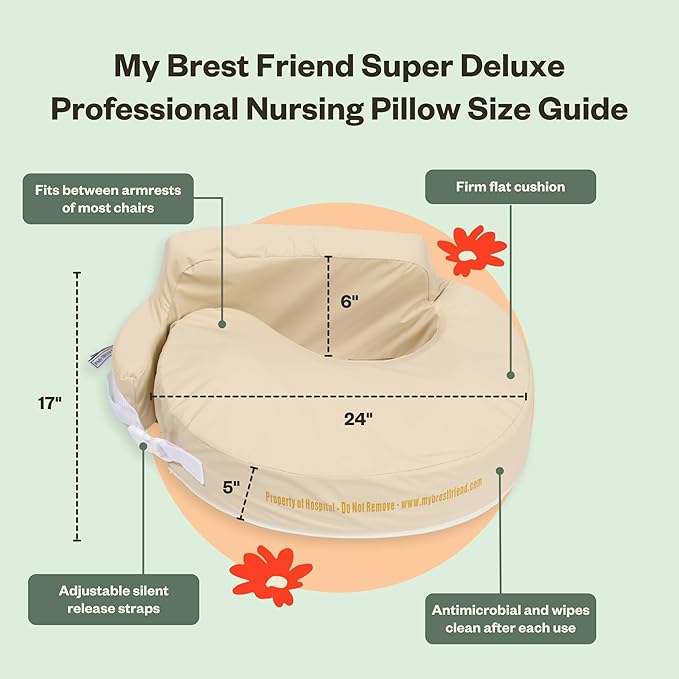 My Brest Friend Super Deluxe Nursing Pillow for Breastfeeding and Bottlefeeding with Lumbar Support, Convenient Pocket and Removable Slipcover, Professional, Sand