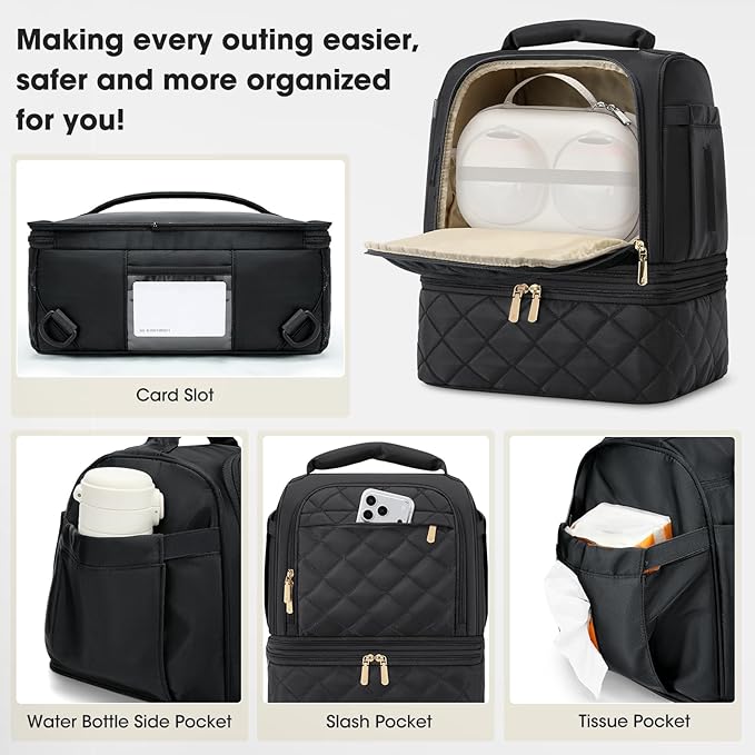 RAINSMORE Wearable Breast Pump Bag, Willow/Eufy/Elvie/Spectra/Medela/Momcozy M5/S12 Pro, Breast Milk Cooler Travel Bag with Cooler Compartment & Ice Pack, Black