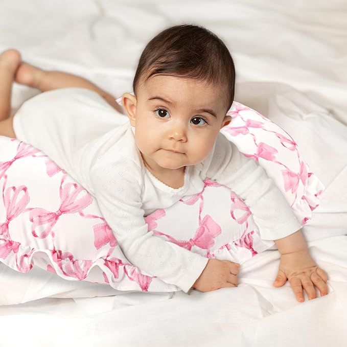 Ruffle Nursing Pillow Cover, Removable Stetchy Case for Breastfeeding Pillows, Ultra Soft and Breathable Feeding Pillow Slipcover with Modern Design Lace for Infant Girls Boys, Pink Bow