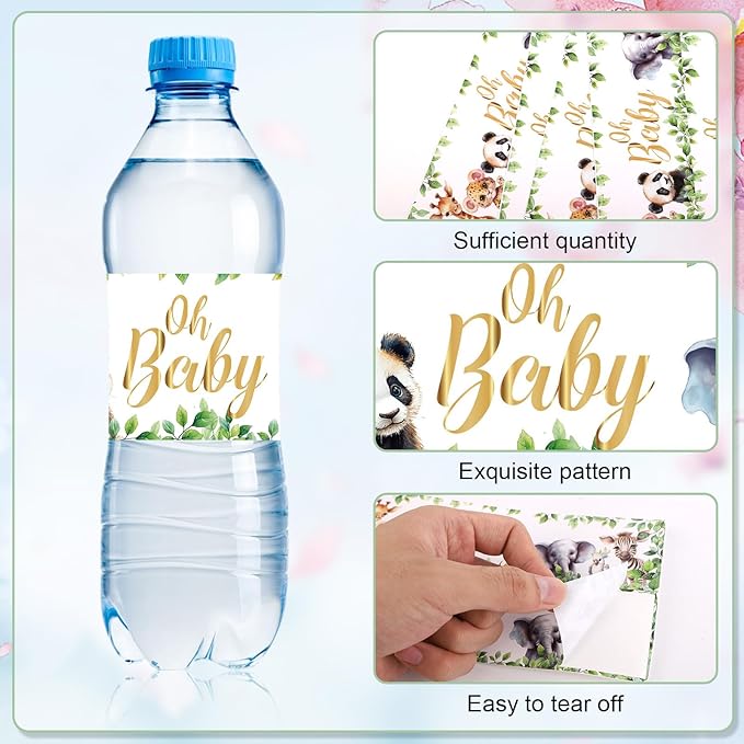 NQEUEPN 50pcs Baby Shower Water Bottle Labels, Waterproof Decorative Personalized Wrap Stickers for Party Decorations (Animal Style)