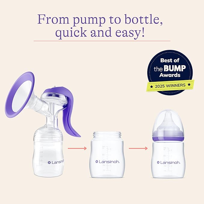 Lansinoh Manual Breast Pump, Hand Pump with Comfortable Flange, Includes 5oz Baby Bottle with Slow Flow Nipple, Breastfeeding Essentials (Pack of 6)